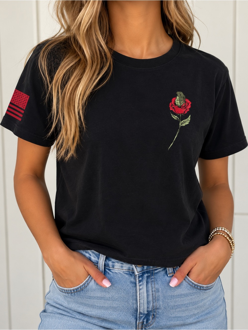 Grunt Style Black Tee with Red Rose Graphic